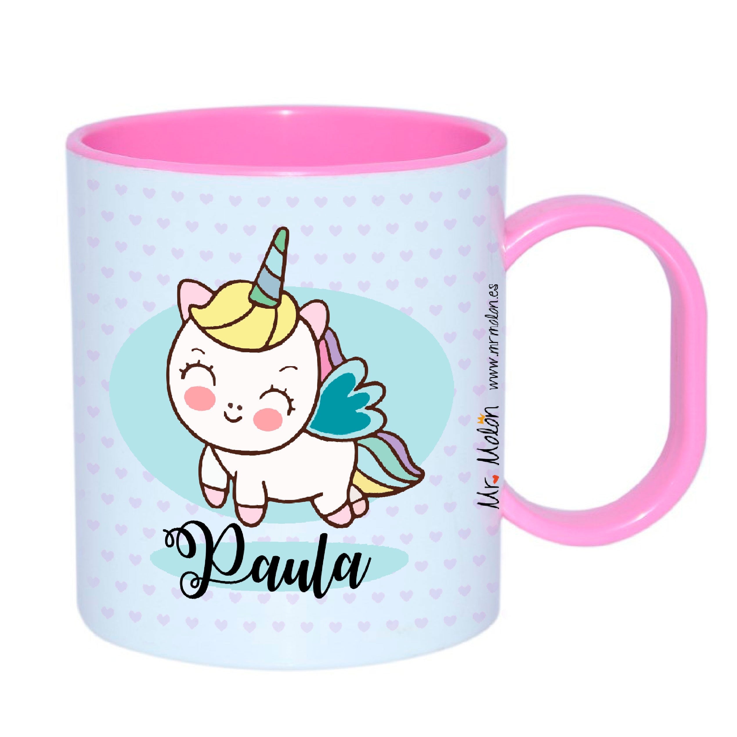 Taza Infantil plástico con letra "mundo unicornio"