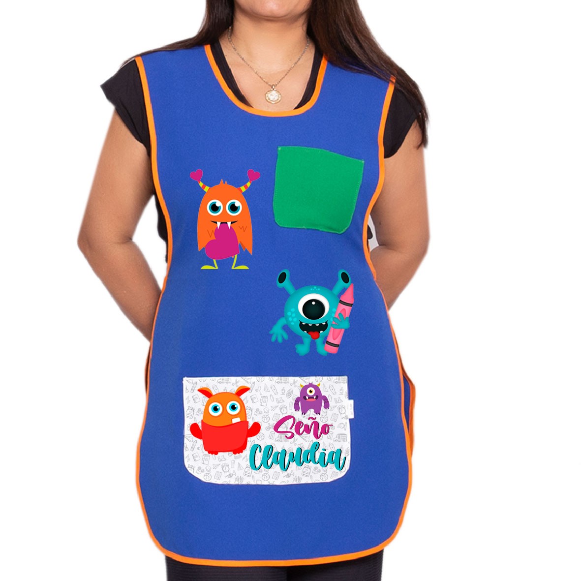Delantal de maestra infantil "Monster" personalizado con nombre