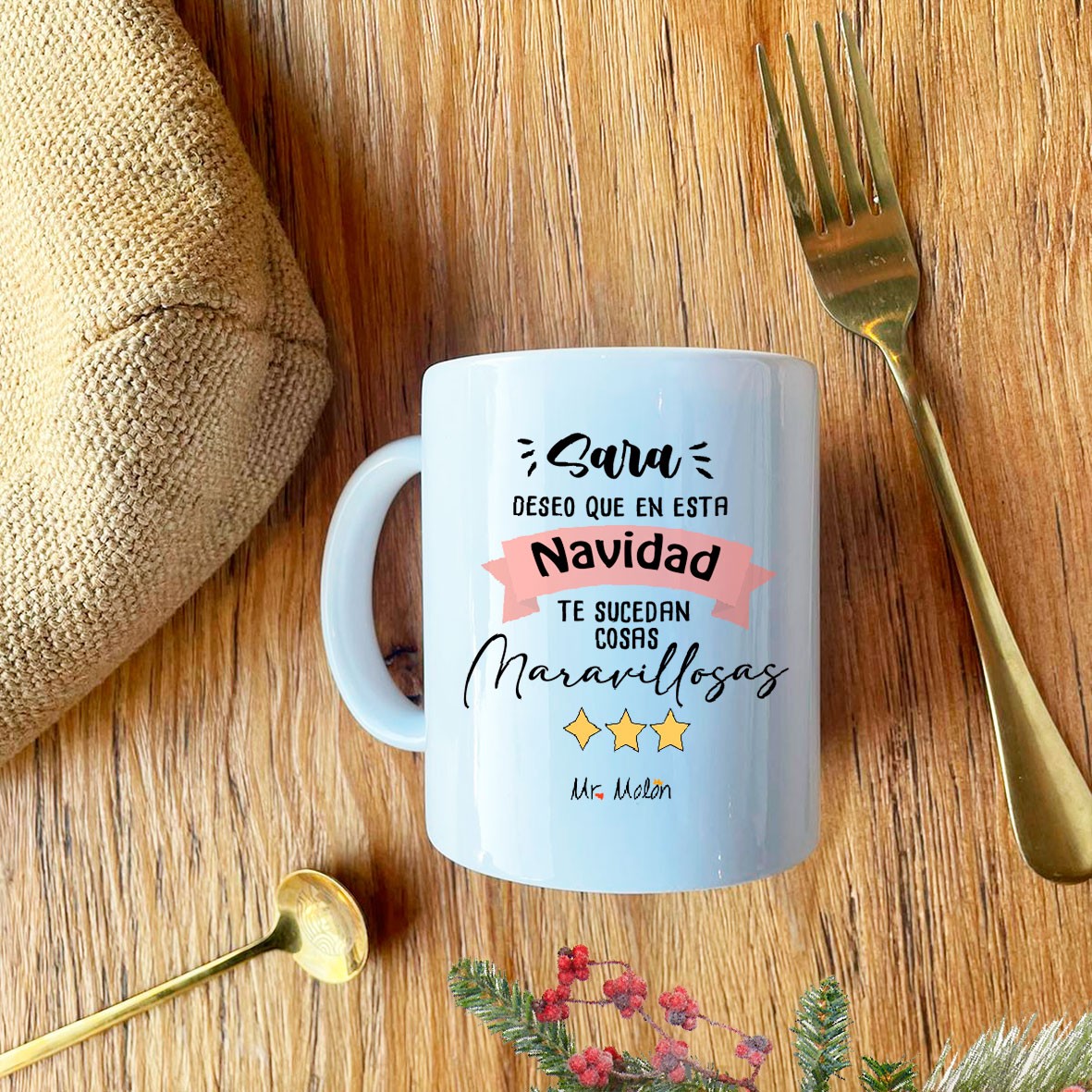 Taza navidad con nombre "cosas maravillosas"