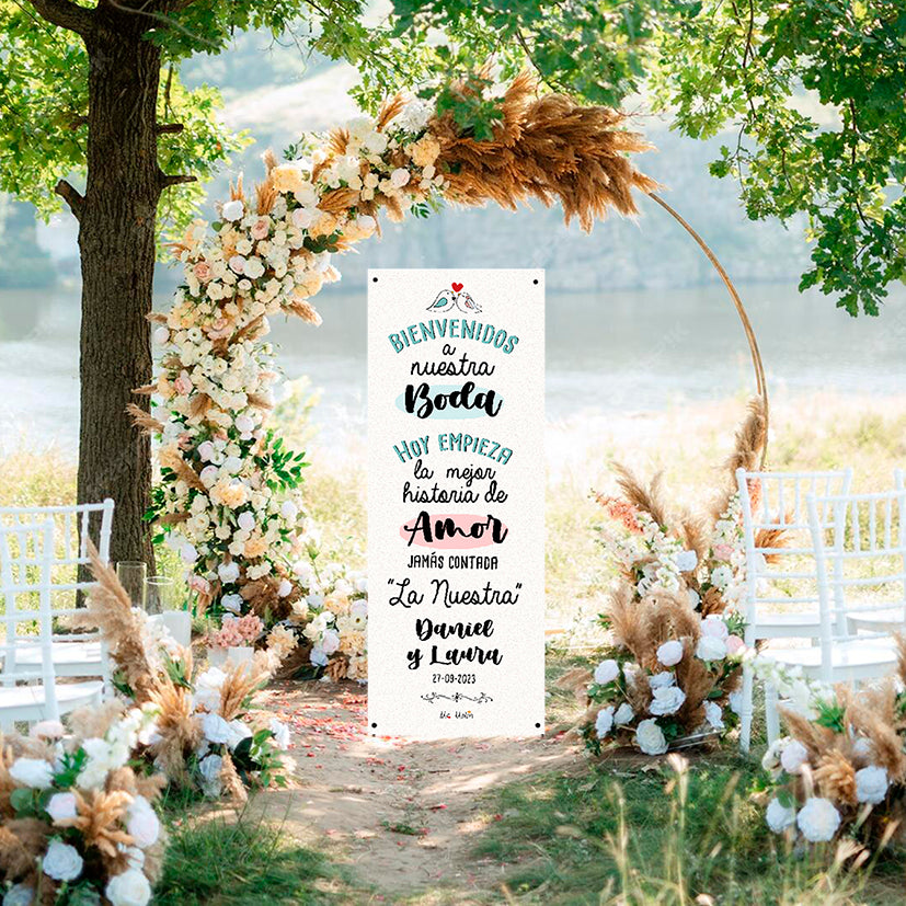 Banner de bienvenida bodas personalizado con foto.