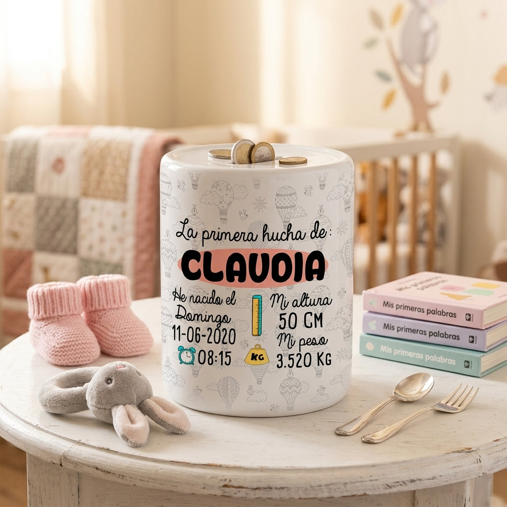 Hucha personalizada para bebé con datos de nacimiento