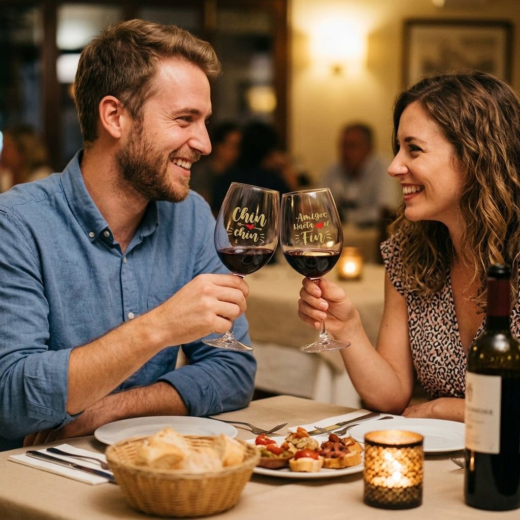 Dúo de copas de vino para parejas «Chin chin, lo nuestro no tiene fin»
