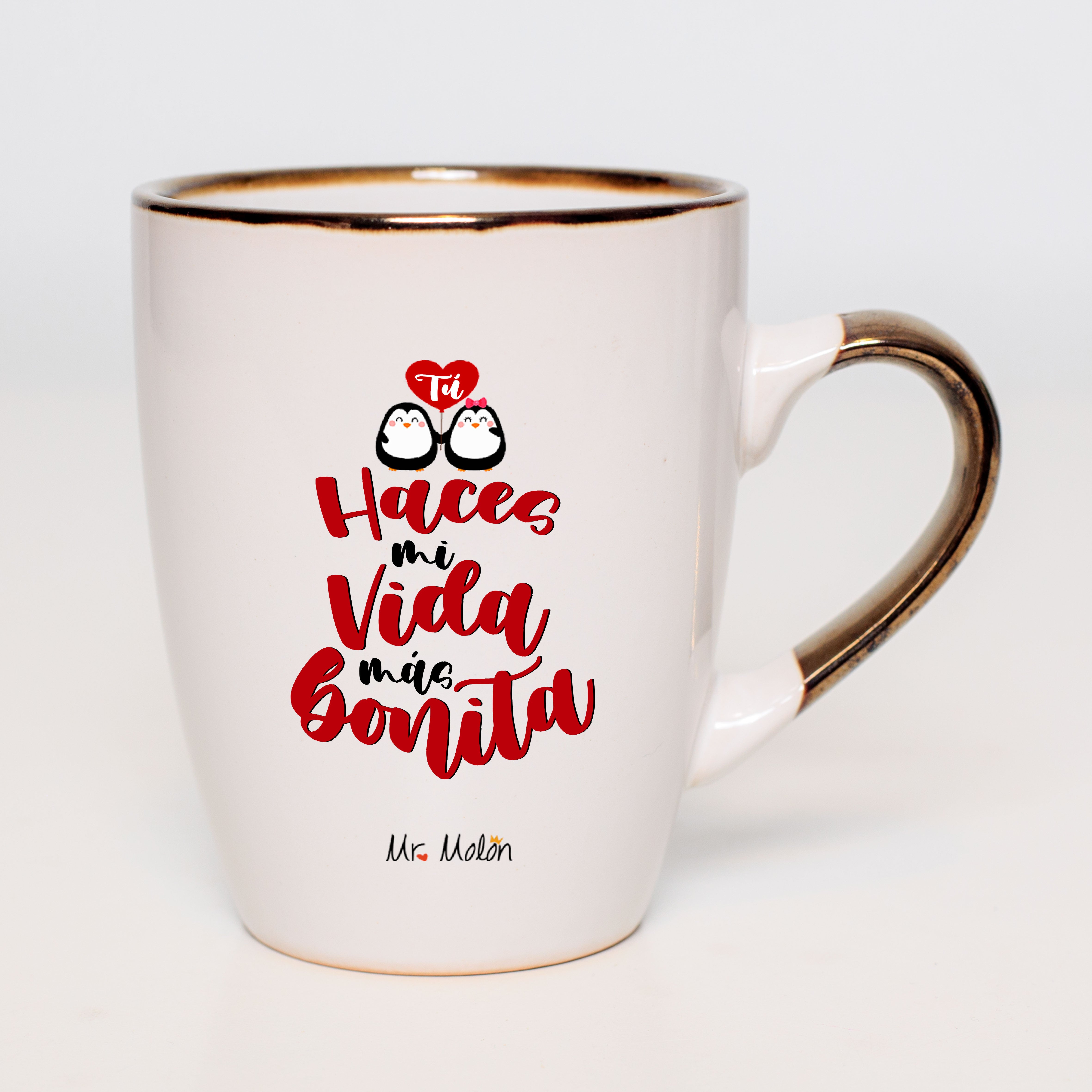 Taza amor con asa dorada "Haces mi vida más bonita"