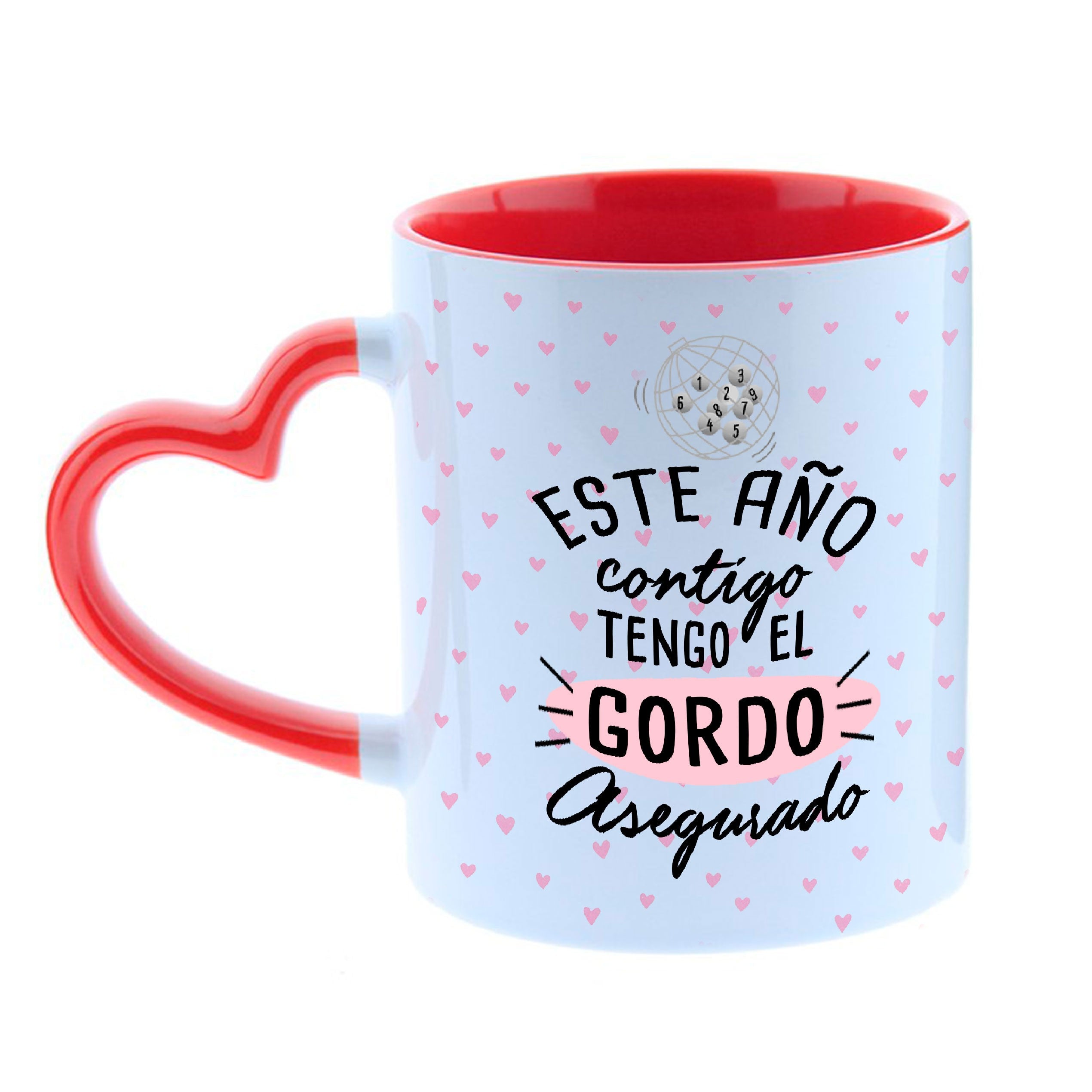 Taza navidad asa de corazón "CONTIGO TENGO EL GORDO ASEGURADO"