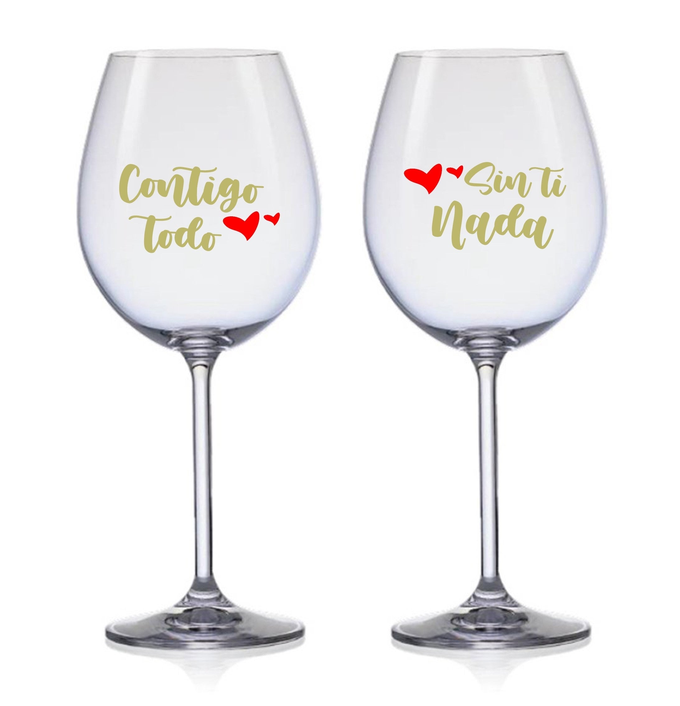 Dúo de copas de vino parejitas "Contigo todo, sin ti nada"