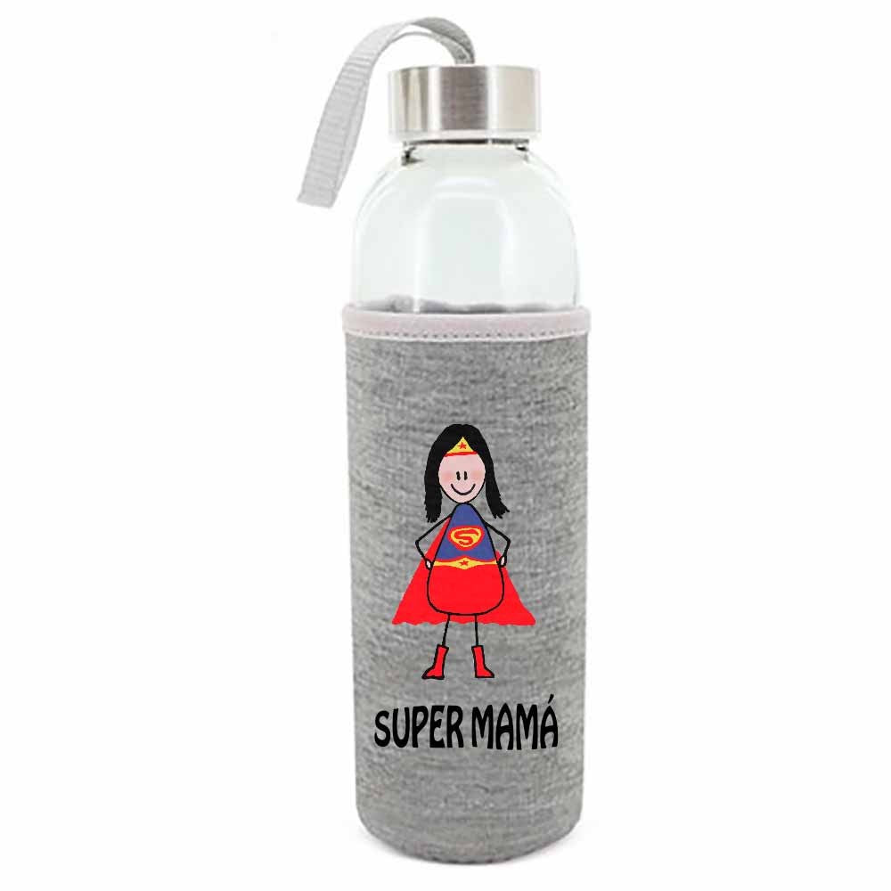 Botella cristal 500 ml neopreno blanco " SUPER MAMÁ"