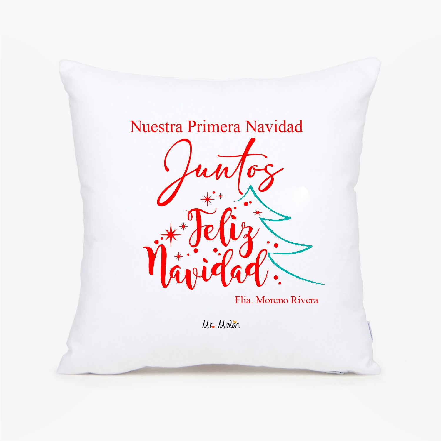 Cojín Navidad rojo y blanco "Nuestra primera navidad juntos"