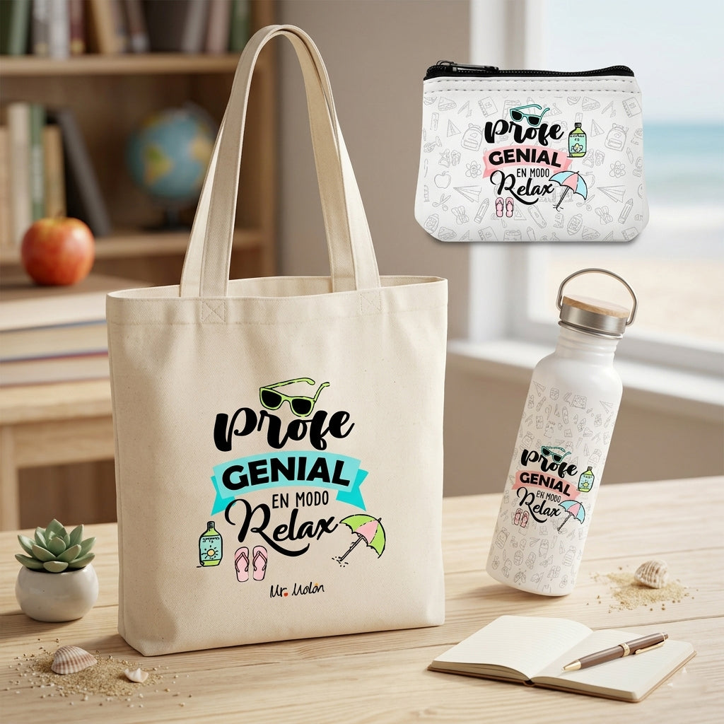 Kit de Regalo "Profe Genial en Modo Relax" con Tote Bag, Botella y Neceser | Mr. Molón